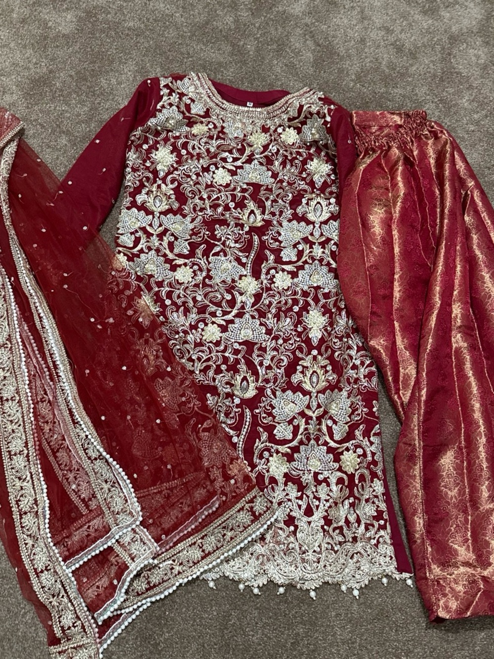 Women Embroidered Maroon Party Dress with Dupatta
